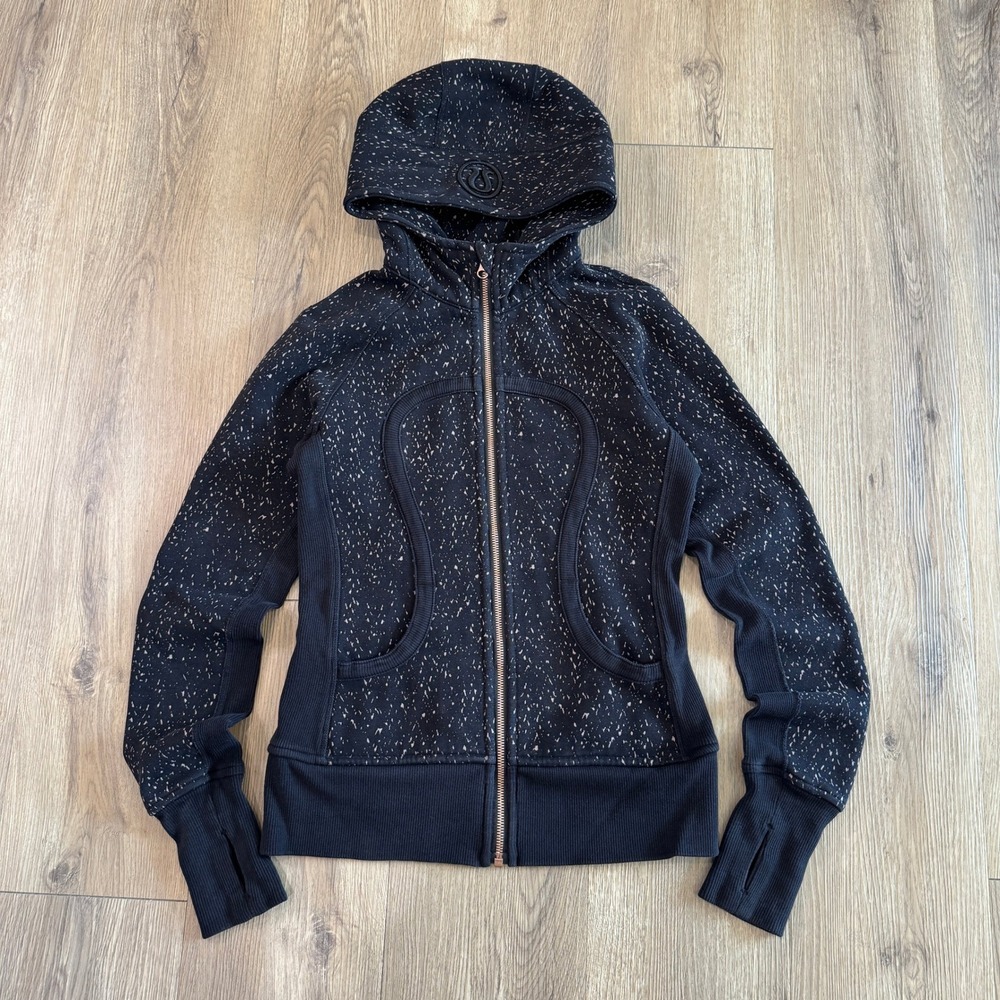 Lululemon Scuba Hoodie Full Zip Speckled Black Pink Rose Gold Zipper Size 4